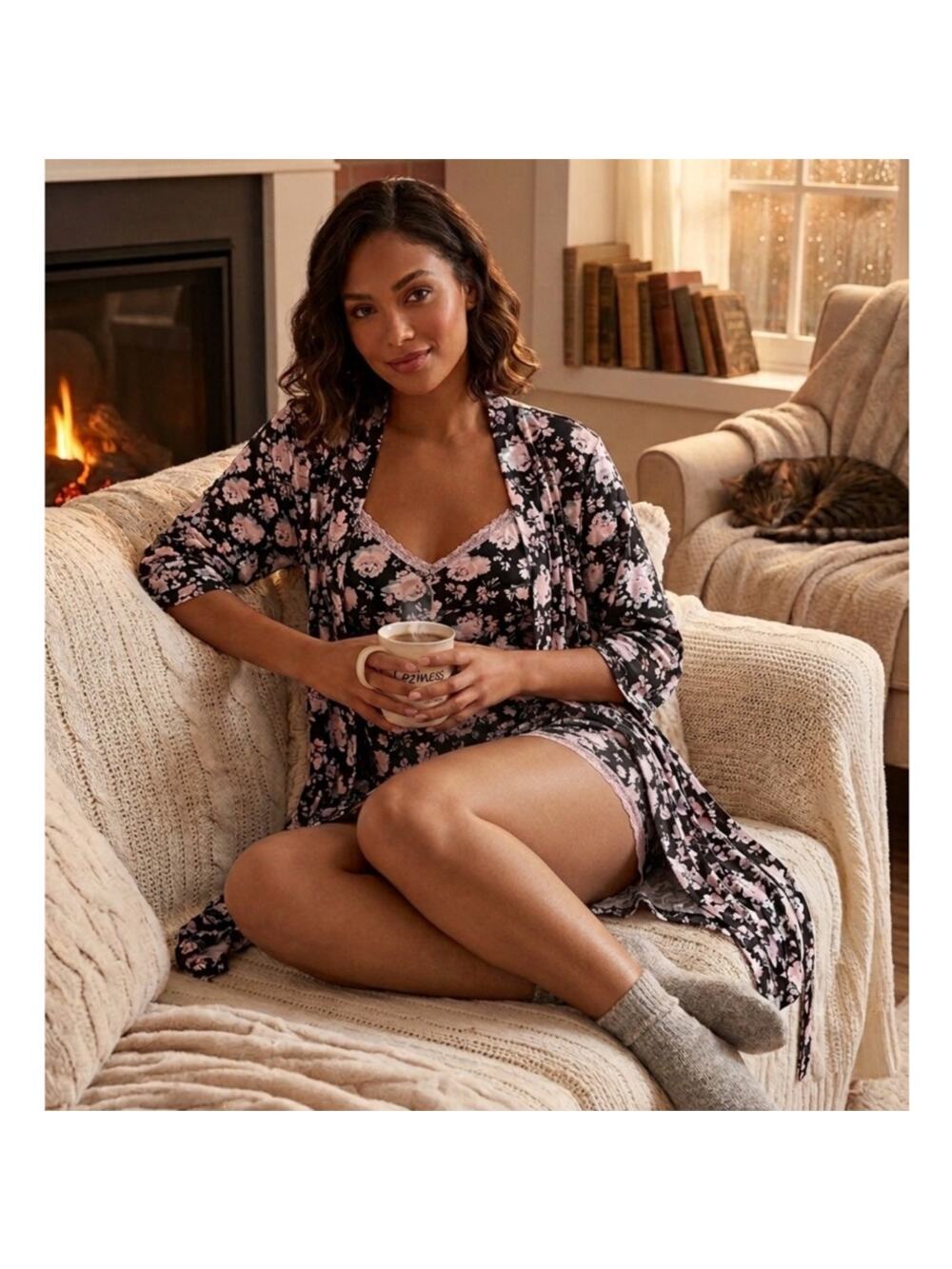 Rene Rofe 3-Piece Sleepwear Set lace trimmed Floral Cozy Lounge Set M black pink